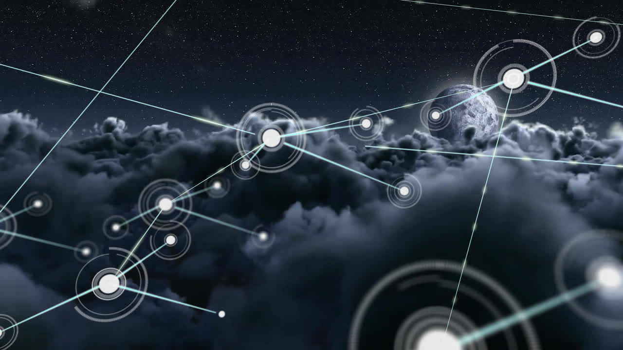 Animation of network of connections with icons over clouds