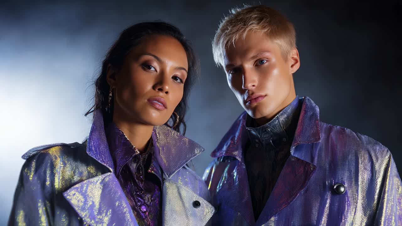 A striking duo poses in futuristic iridescent outerwear, showcasing glamorous fashion in a visually captivating atmosphere infused with dramatic lighting and bold expressions, exuding modern elegance and style