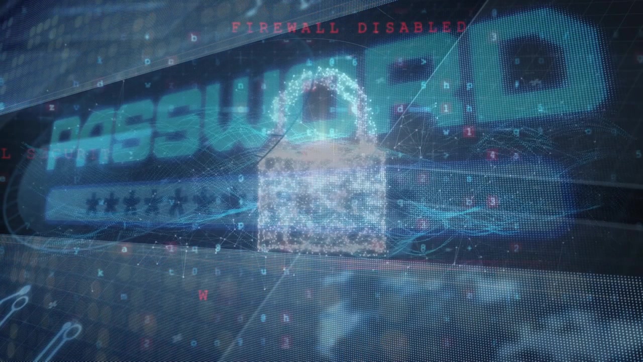 Animation of digital padlock and cloud over password and hand of caucasian man