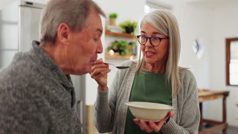 eating, senior couple and feeding breakfast