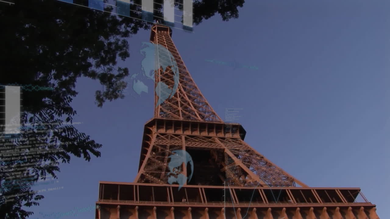 Eiffel Tower rising into frame, displaying bar charts and globe overlays in flat design