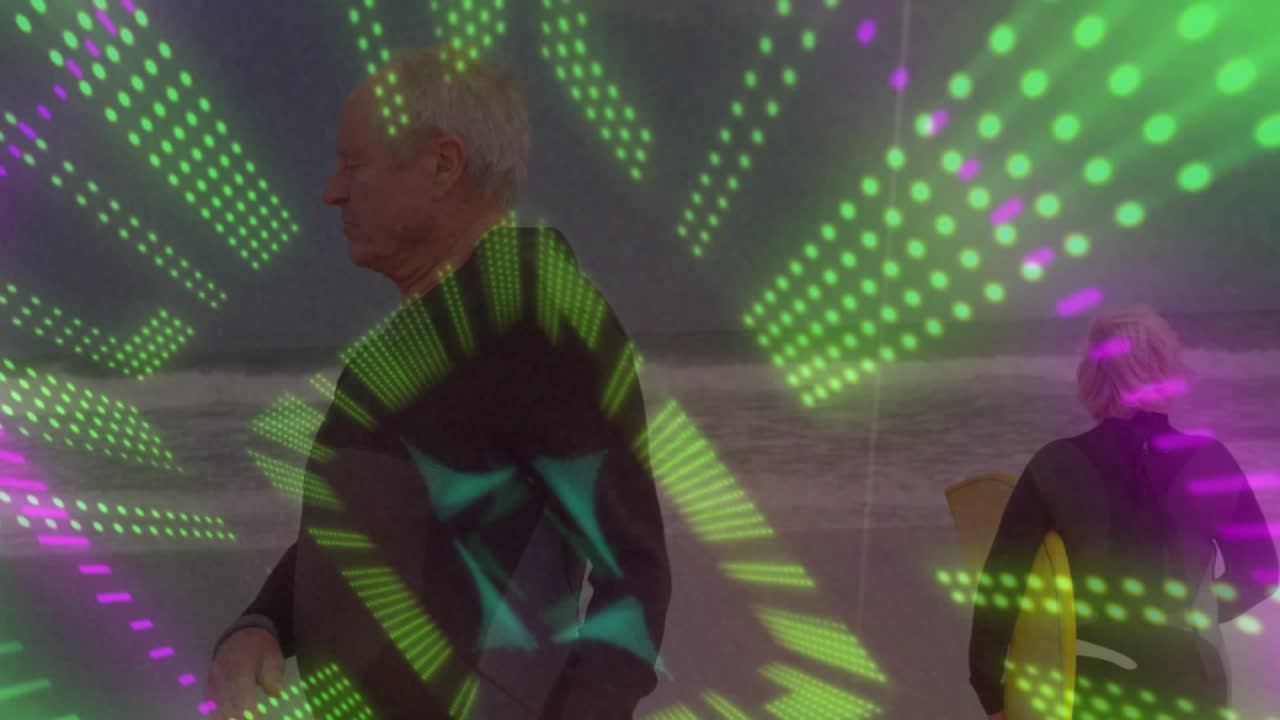 Senior pair walking on beach while neon overlay starting pulsing and rotating framing them for tech