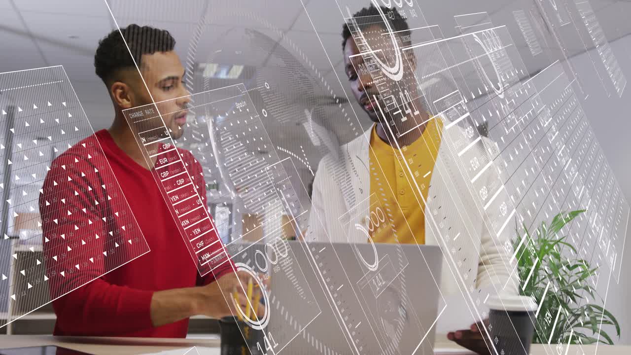 Two men using yellow tool at laptop, activating AR HUD aligning across both for business review