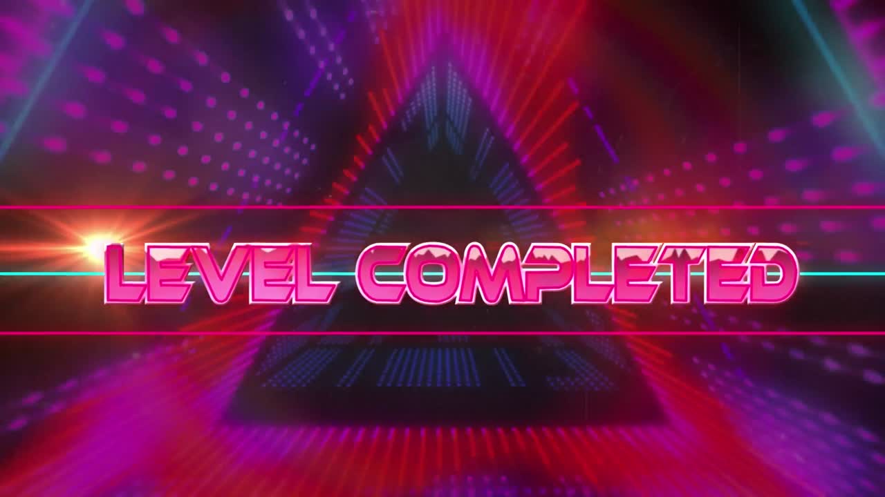 빛나는 네온 터널 위에 완성된 레벨 텍스트의 애니메이션