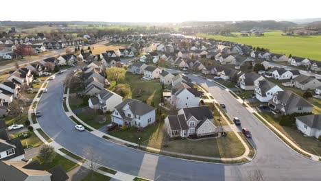 aerial establishing shot of a neighborhood in america