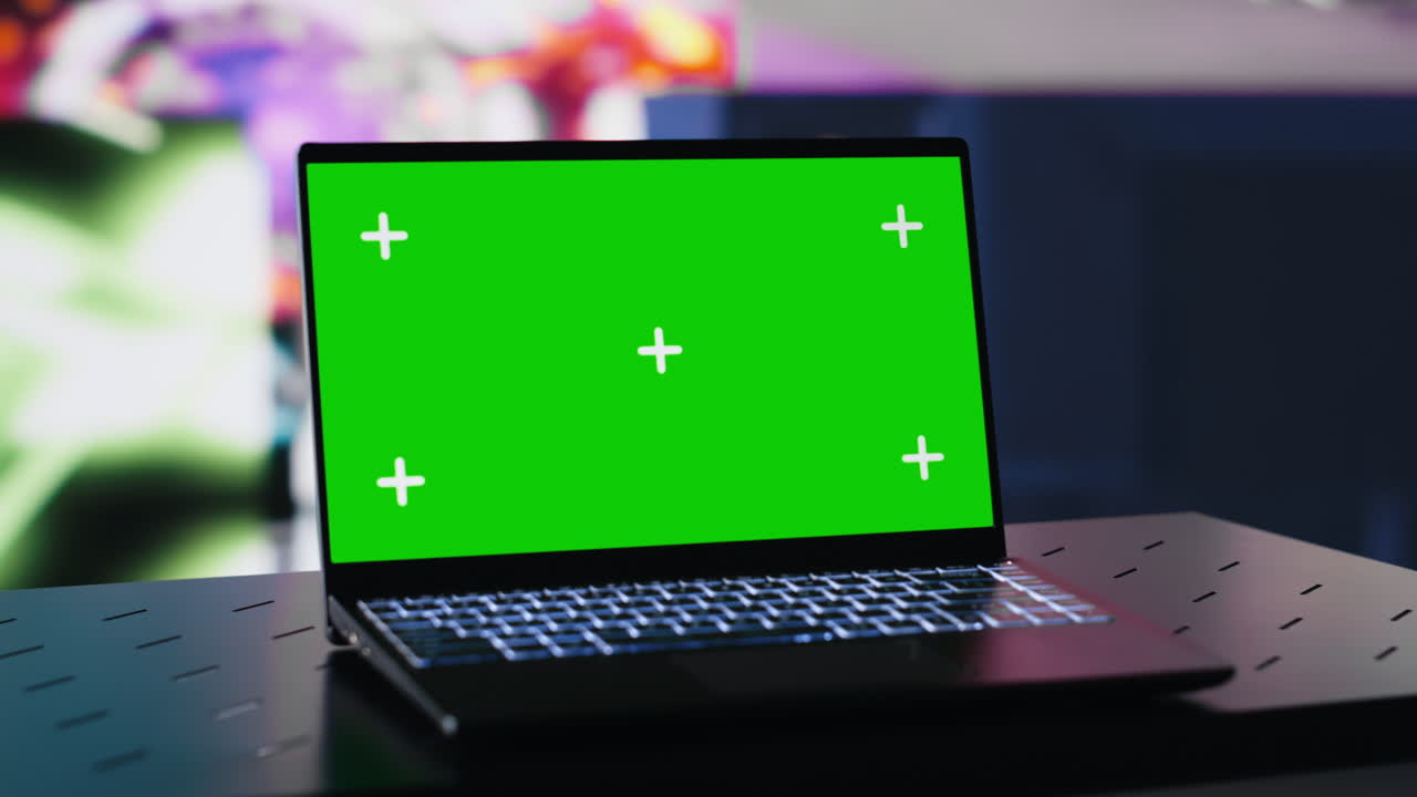 Wireless pc running chroma key display surrounded by colorful visual art clips