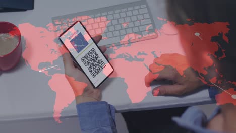 animación de un hombre con un teléfono inteligente con pasaporte de vacunación contra la covid-19 en el mapa del mundo