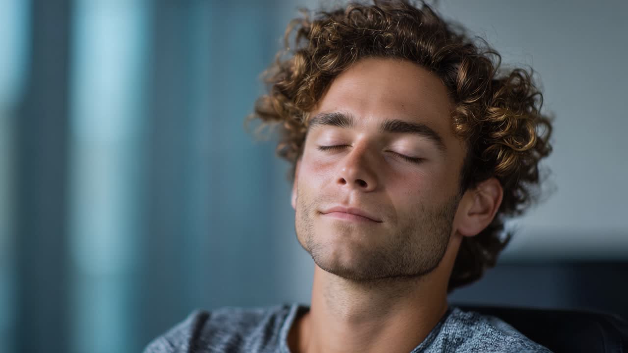 Catturare un momento di relax: Un giovane uomo con i capelli ricci si gode uno stato d'animo sereno in un ambiente calmo e confortevole.