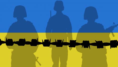 Animation-Von-Stacheldraht-Und-Soldatensilhouetten-über-Der-Flagge-Der-Ukraine