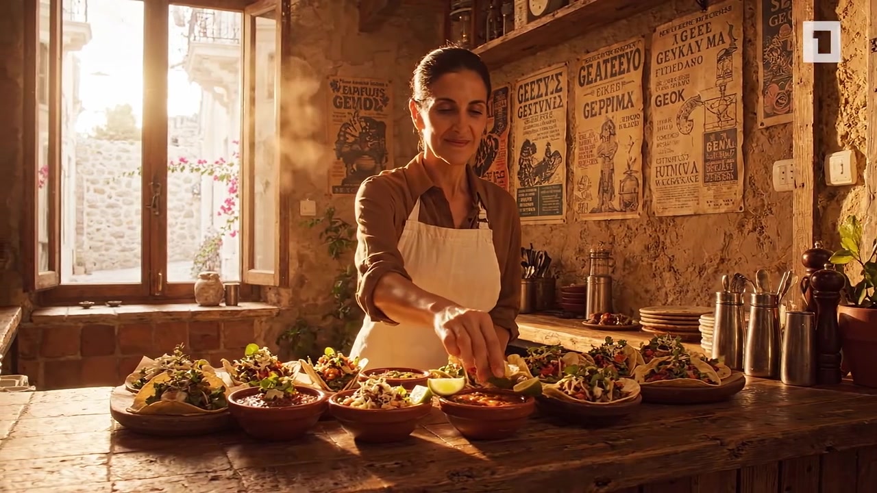 Un viaggio culinario: uno chef prepara deliziosi piatti di tacos colorati e ingredienti freschi in un accogliente ristorante circondato da un arredamento affascinante.