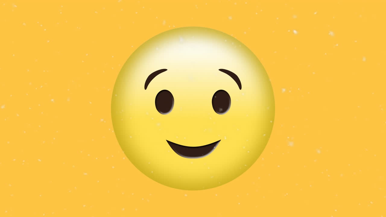 Animation of white snow falling over winking emoji on yellow background