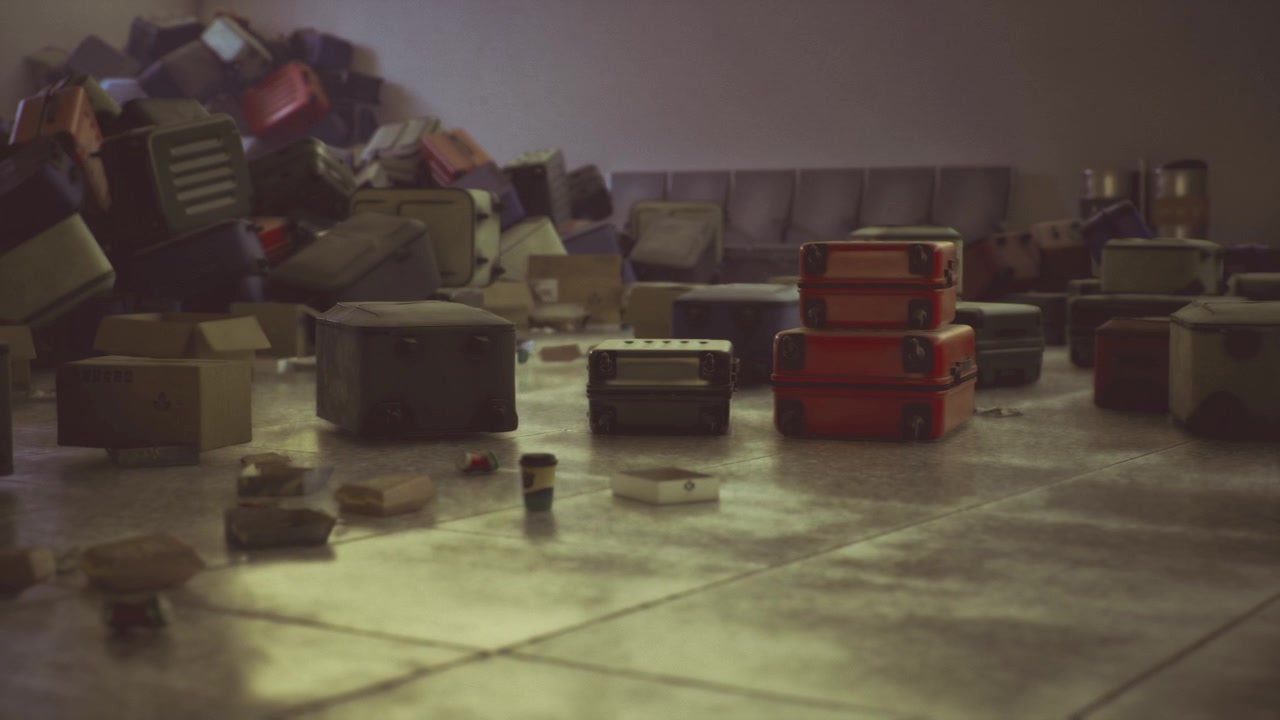 Abandoned suitcases cast quiet shadows across empty hallways