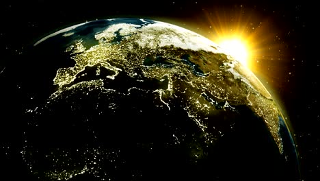 el horizonte del mundo del amanecer. el planeta tierra con la ciudad nocturna de la animación espacial utilizando imágenes satelitales (nasa)