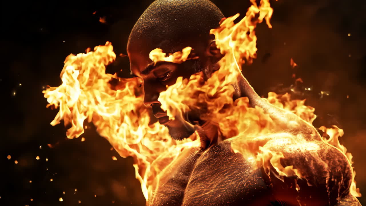 A man with a muscular build is surrounded by fire. Concept of strength and power, as the man's muscles are highlighted by the glowing flames. The fiery background adds a dramatic