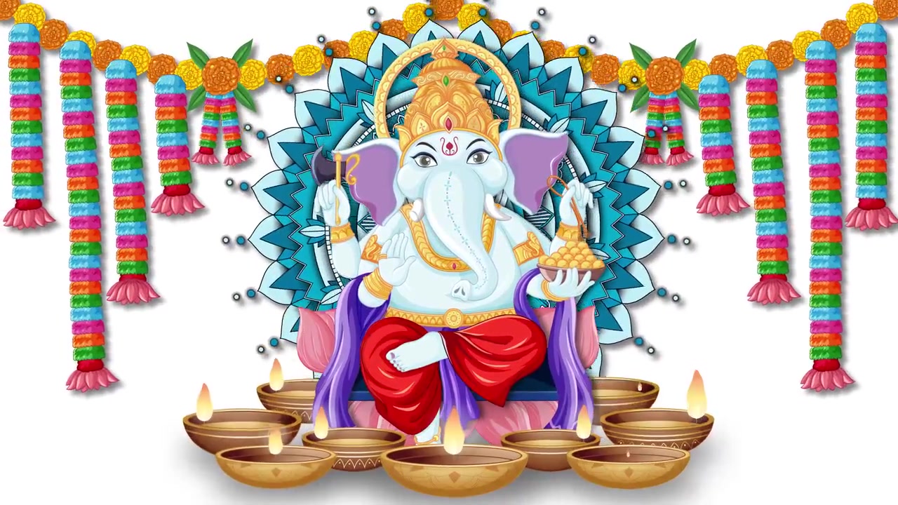 Animação colorida de Ganesha aparece com mandala giratória, guirlandas de flores penduradas e lamparinas a óleo tremeluzentes.