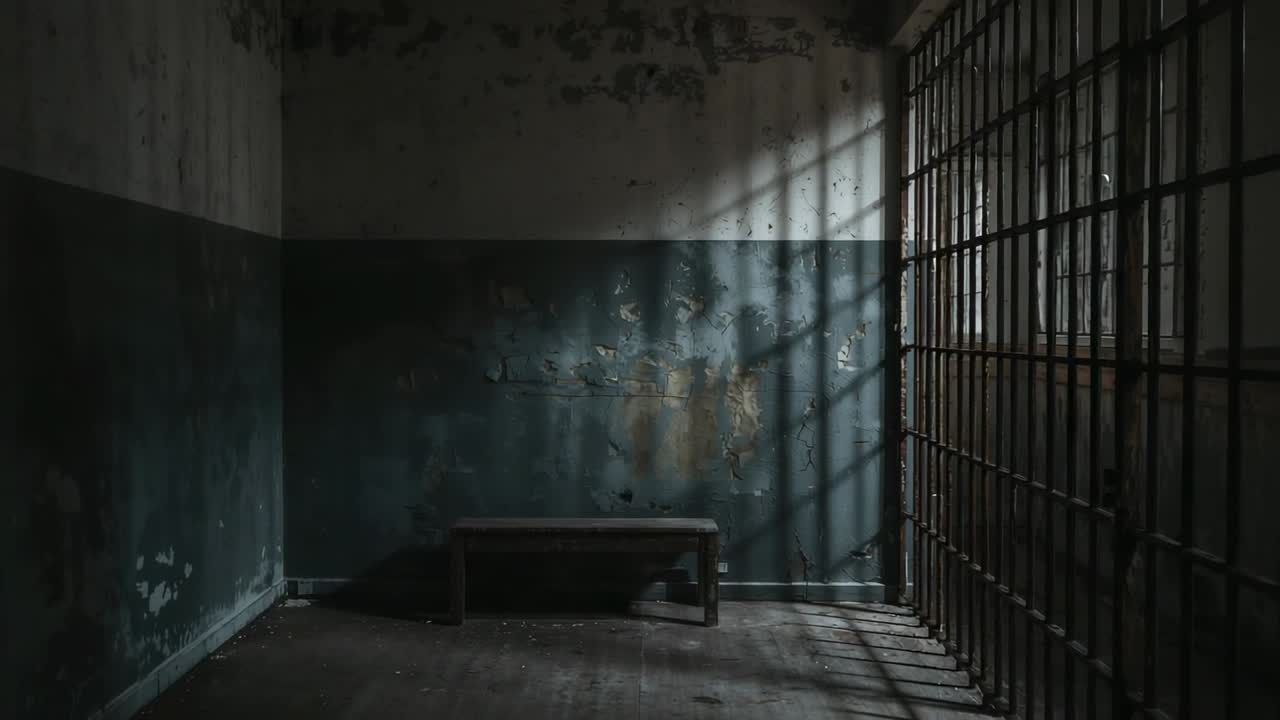 Shifting sunlight moving through high opening, casting bar shadows across empty cell with bench