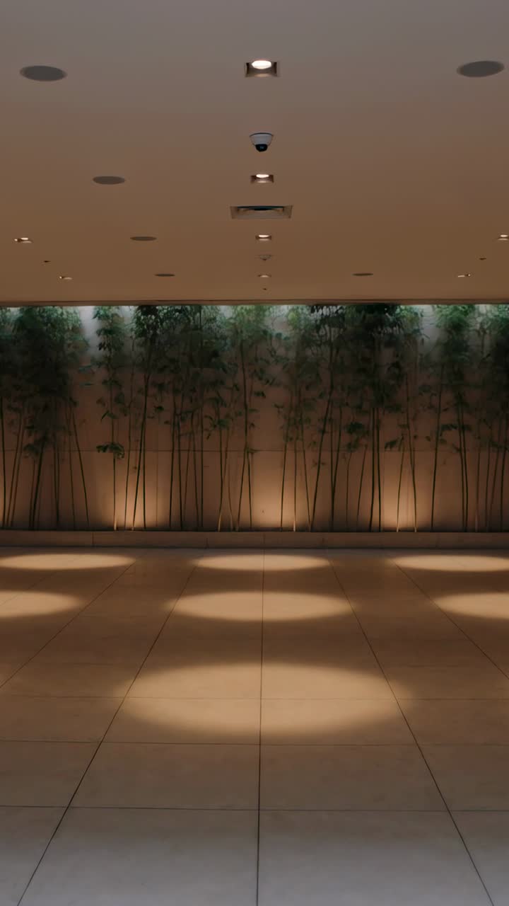 Pasillo interior moderno con pared de bambú iluminada y focos