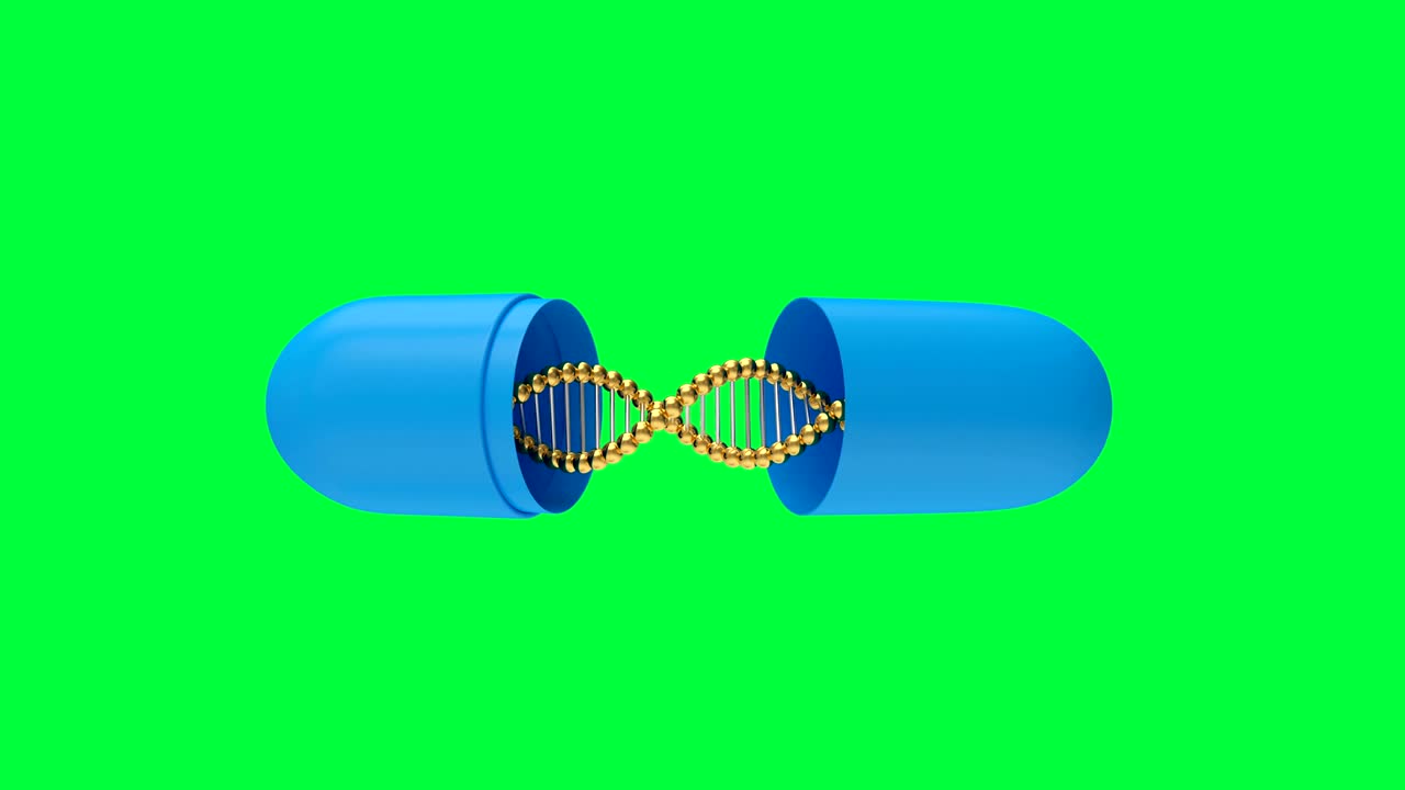 3D animation of a medical capsule with a DNA on a green screen. 4K
