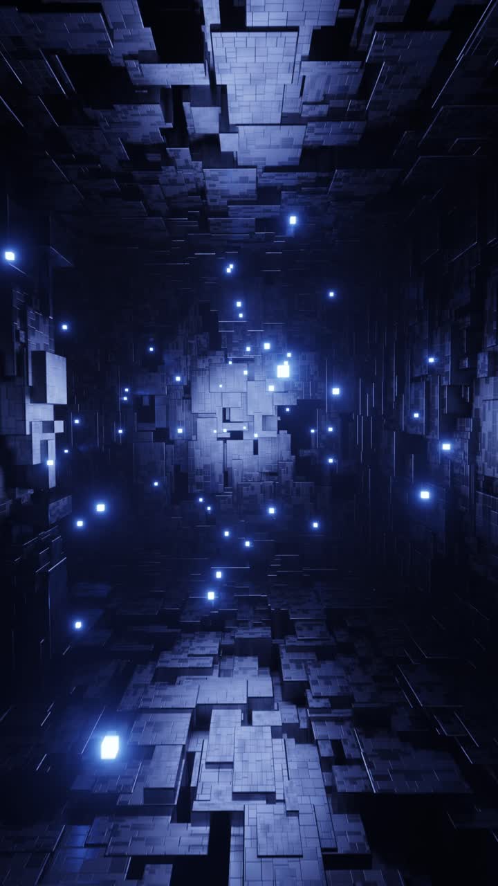 A dark room filled with squares. Vertical looped animation