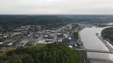 aerial-view-of-Redwing-Minnesota,-small-midwest-town-by-Misisipi-river-during-summer-time