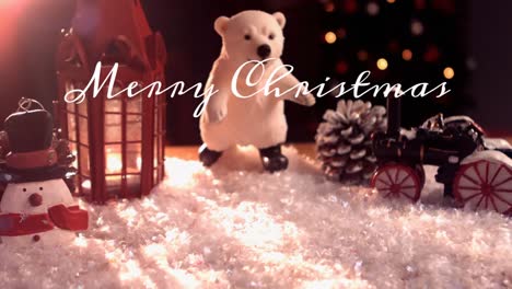 Animation-of-merry-christmas-text-over-christmas-decorations-with-teddy-bear
