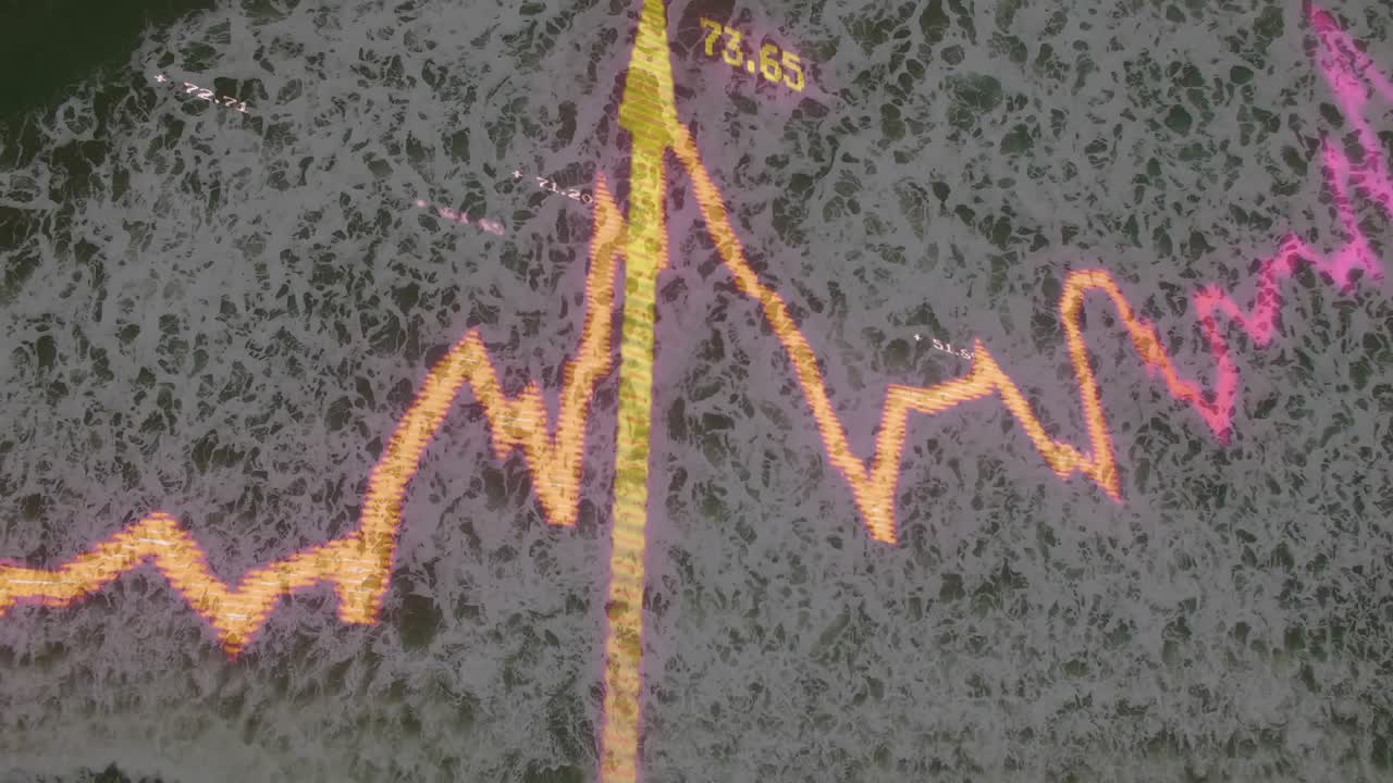 Neon line chart entering left, peaking, spiking, updating values, showing surf data