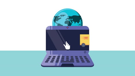 camión de servicio de entrega en computadora portátil y animación del planeta tierra