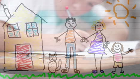 animation of hand drawn family on ruled paper over schoolboy writing