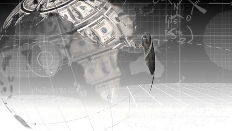 animación del globo formado con billetes de dólares estadounidenses y procesamiento de datos financieros