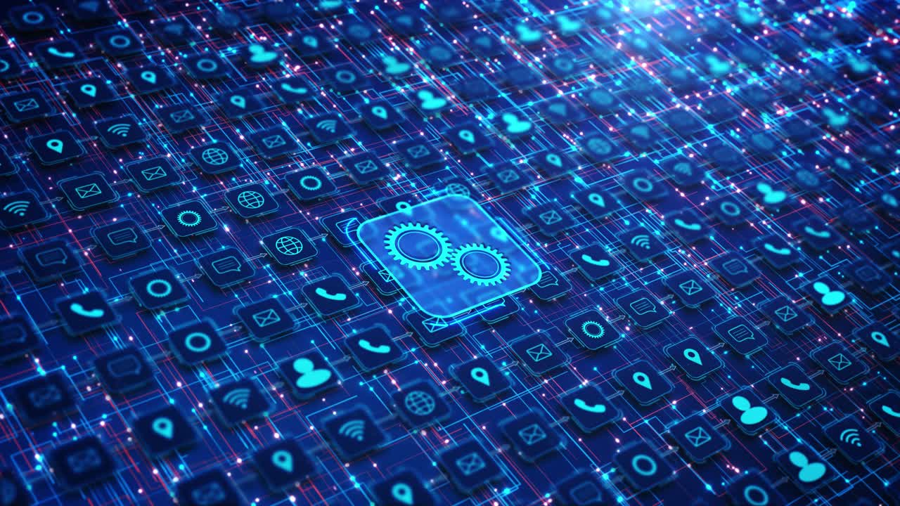 Menneskehånd klikker på tannhjulikon for systeminnstillinger koblet til kompleks digital nettverksvisualisering