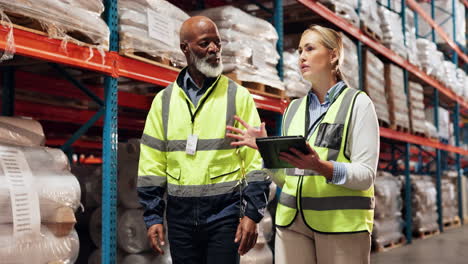 two workers discuss inventory in a warehouse.