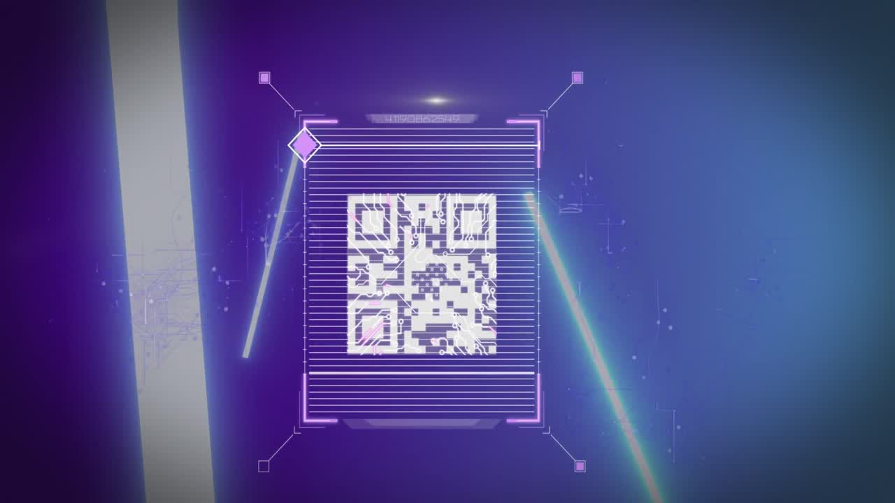 animación de código qr sobre escáner biométrico de huellas dactilares y barras de luz brillantes sobre fondo azul.