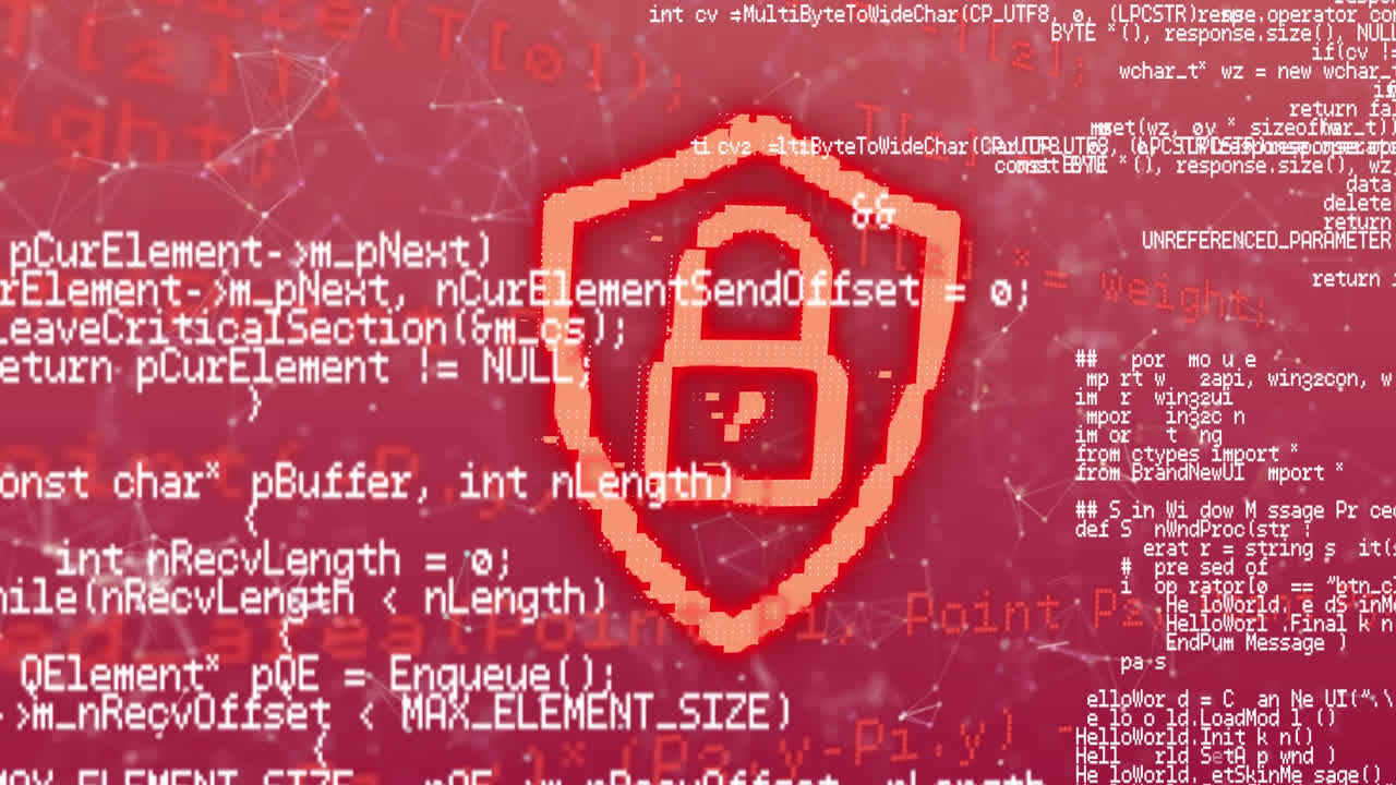 Security padlock icon and data processing against red background