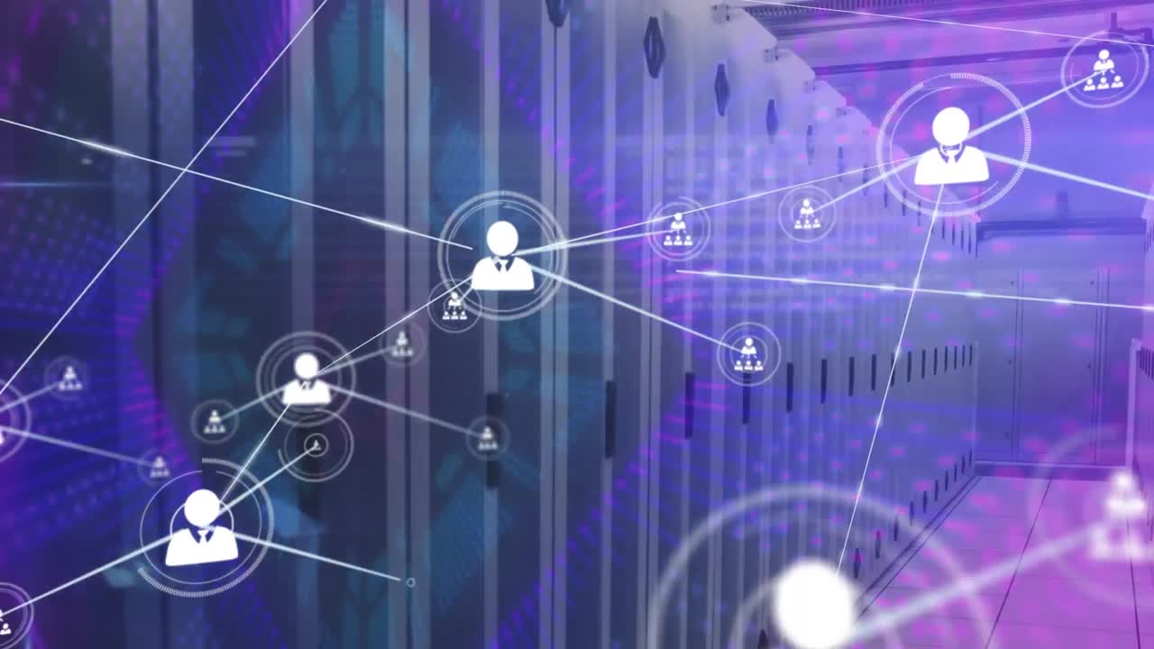 Animation of network of connections and data processing over computer servers