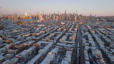 aerial view of greenpoint, brooklyn on a winter morning. shot in new york city.
