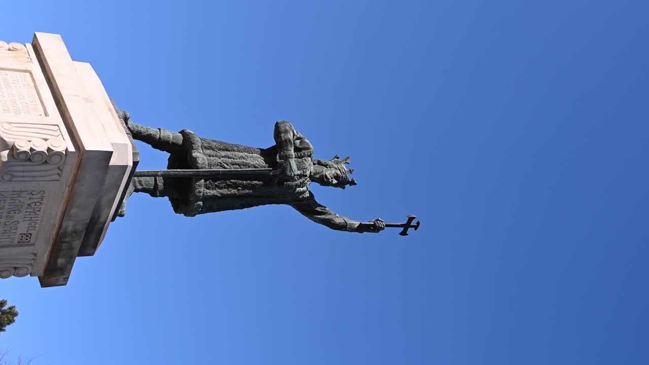 Chisinau, Moldova - June 4, 2021: Stephen the Great Monument in the city centre with a blue sky background. Vertical