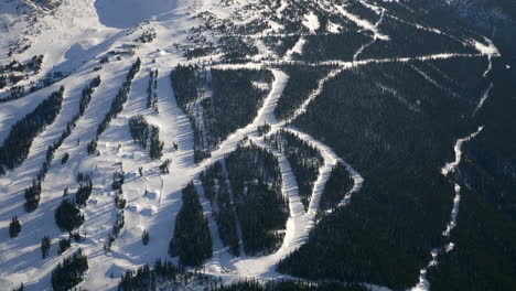 Aerial-drone-footage-of-white-snowy-mountain-landscape-with-green-pine-trees-during-sunlight