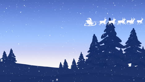 Animation-of-snow-falling-on-santa-claus-in-sleigh-being-pulled-by-reindeers-over-winter-landscape