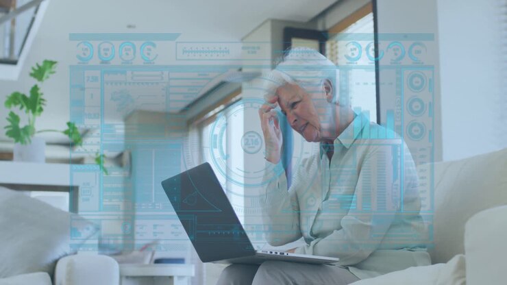 Animation von Finanzdatenverarbeitung über älterer kaukasischer Frau, die einen Laptop benutzt