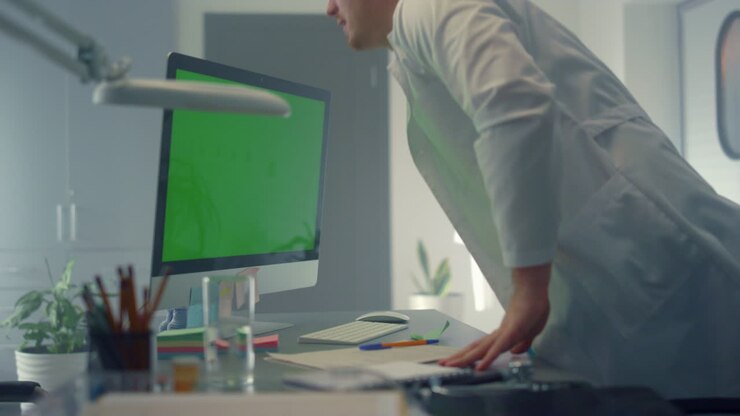 Computer del medico con chroma key nell'ambiente ospedaliero. Terapeuta che consulta da remoto