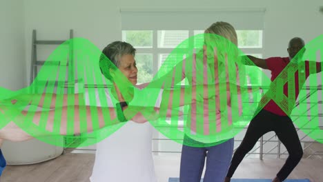 Animation-of-dna-strand-over-diverse-group-of-seniors-exercising