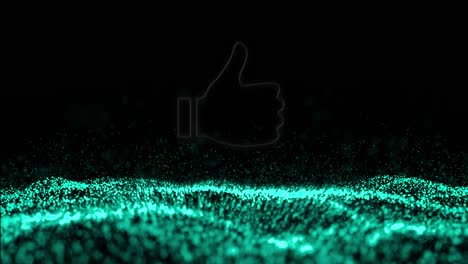 Animation-of-thumbs-up-glowing-grey-icon-over-digital-wave-moving-on-black-background