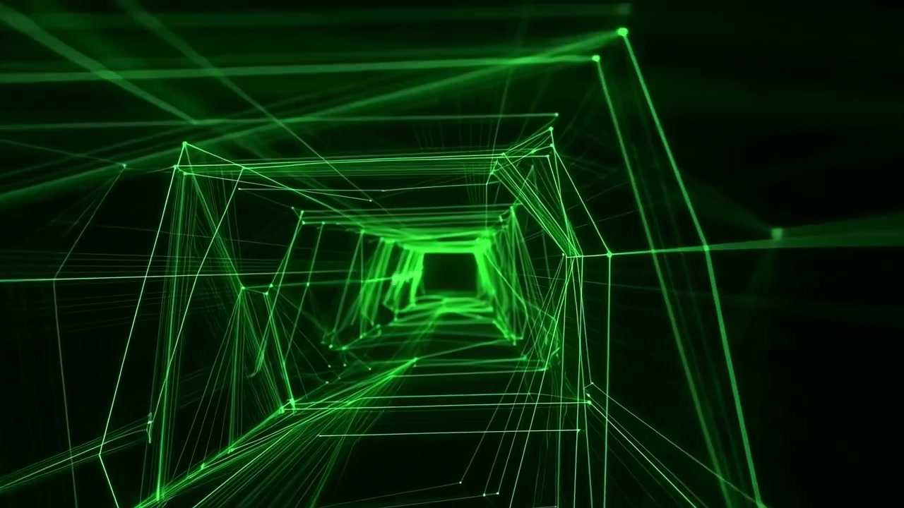 Middle frame from a sequence shows a green neon laser tunnel formed by interconnected wireframe lines, creating a sci fi digital environment with a dark
