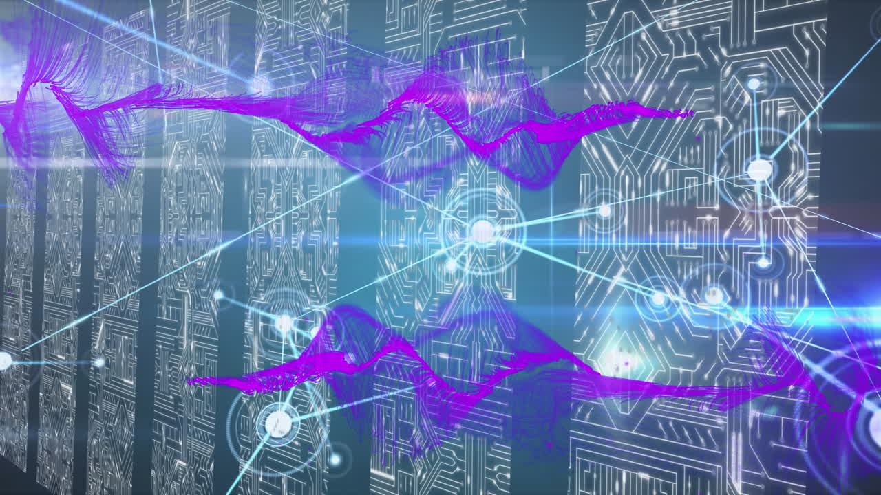 animación de una red de conexiones y formas sobre fondo azul