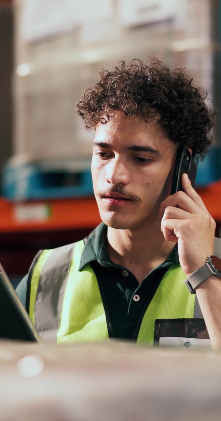 Warehouse Worker Talking on Phone While Checking Digital Tablet