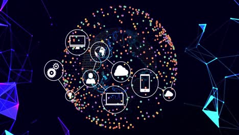 Animation-Eines-Netzwerks-Digitaler-Symbole-Und-Verbindungen-über-Einem-Sich-Drehenden-Globus