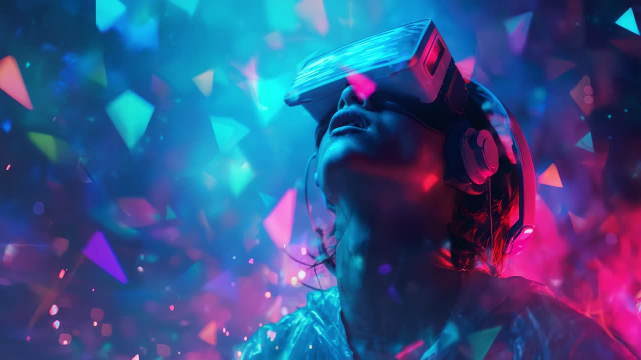 Captivating Virtual Reality Experience: A Person Engaged in Immersive Digital Play Surrounded by a Colorful Explosion of Light and Geometric Shapes Representing Modern Technology