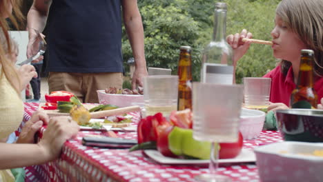 familia caucásica comiendo y disfrutando del tiempo juntos durante un picnic en el bosque