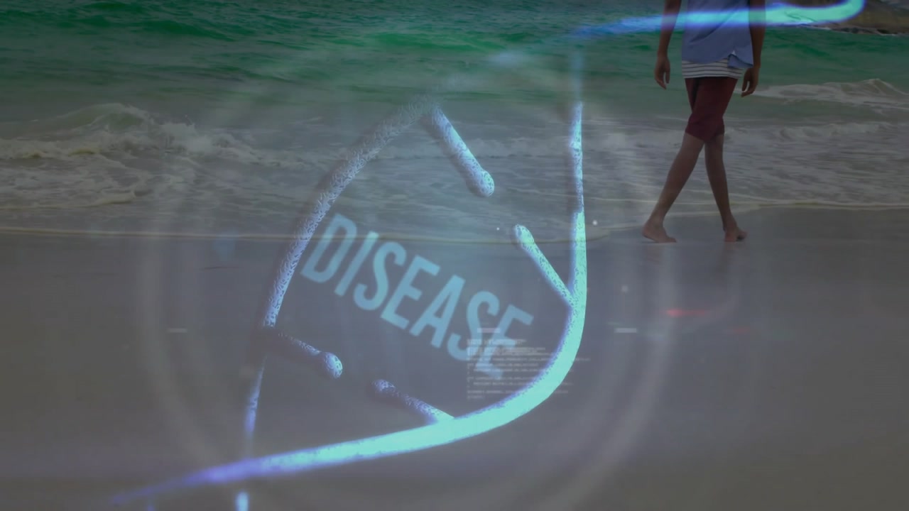 Man walking barefoot on sandy beach, displaying tech DNA helix with holographic rings