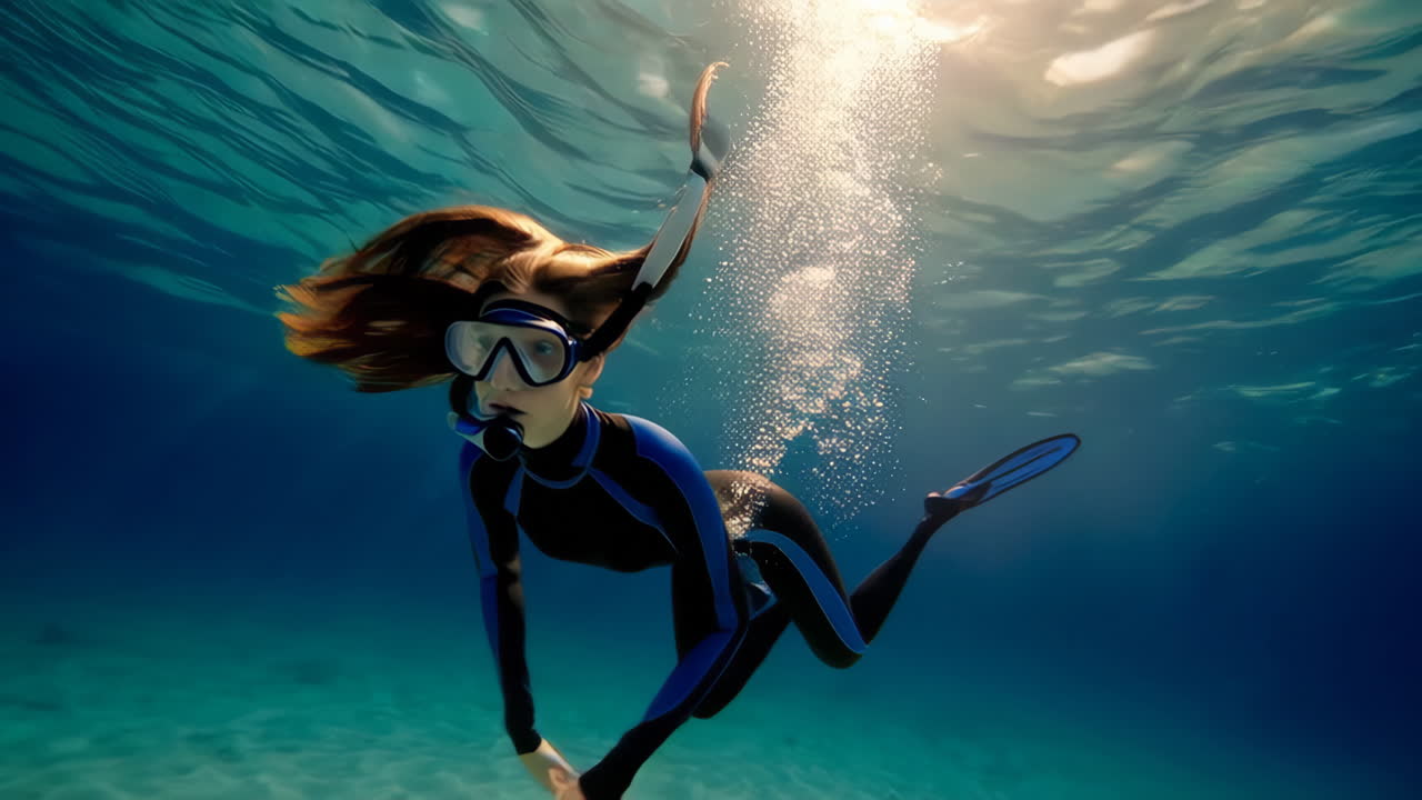 A woman snorkeling or freediving in blue ocean water with bubbles